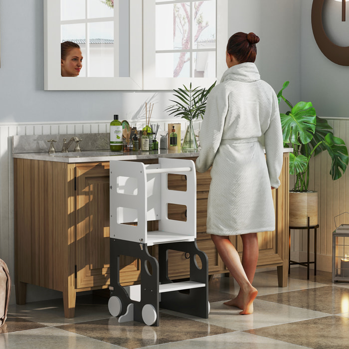 Torre de Aprendizaje 4 en 1 Taburete de Aprendizaje para Niños de +3 Años en Forma de Coche Convertible en Mesa y Silla con Pizarra de Doble Cara Barra de Seguridad 58x46x92 cm Blanco y Gris