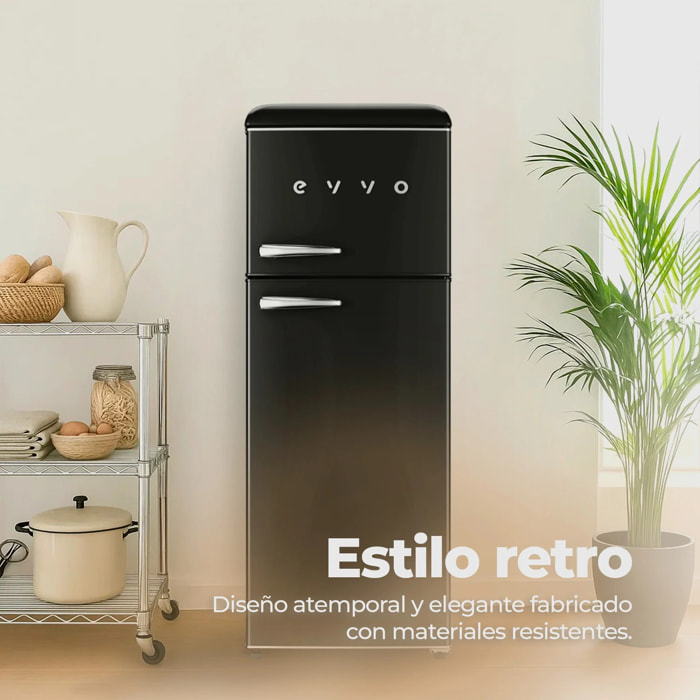EVVO Frigorífico 2 puertas F45 Retro Negro, refrigerador 170 litros, congelador 45 litros, diseño vintage, cajón Crisper Zone, libre de gas CFC, silencioso