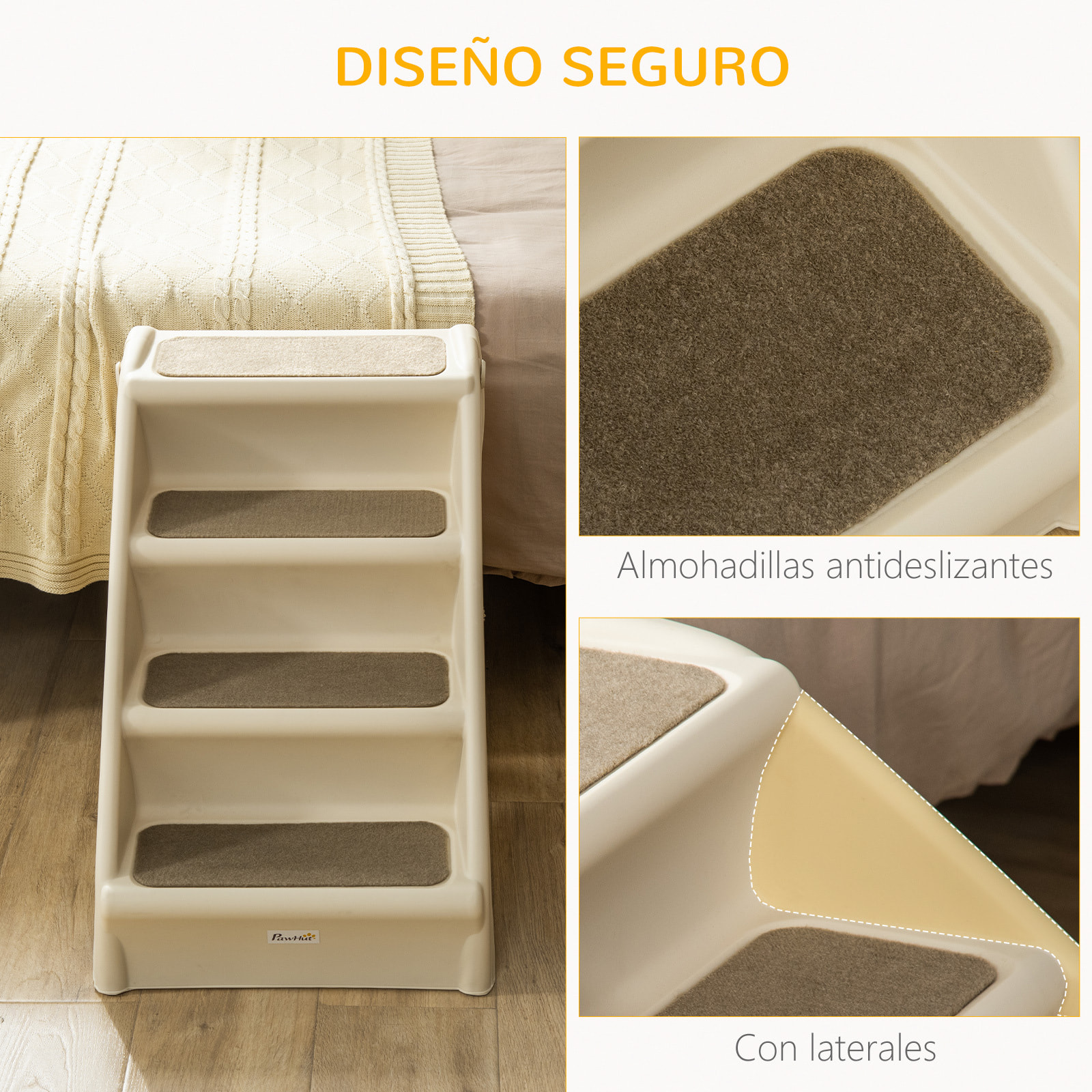 Escalera Plegable para Mascotas de 4 Peldaños Escalón para Perros Gatos Portátil con Alfombras Antideslizantes para Cama Sofá Carga 20 kg 62x38x49,5 cm Beige