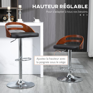 Lot de 2 tabourets de bar design contemporain hauteur d'assise réglable pivotant 360° revêtement synthétique noir dossier ajouré aspect bois