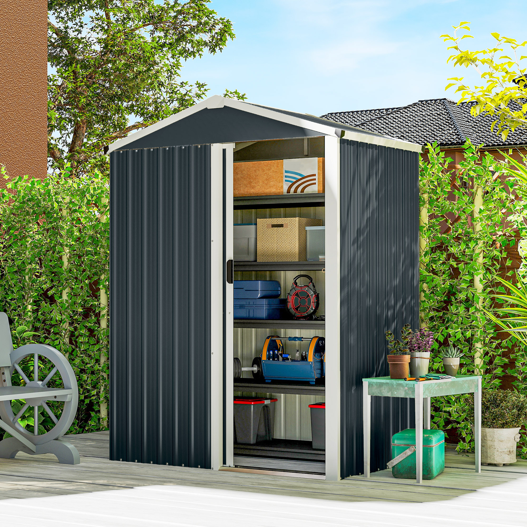 Outsunny Caseta de Jardín Exterior 1,1 m², 136x87x176 cm, Cobertizo de Jardín Exterior Metálico con Puerta Corredera, Techo Inclinado y Guantes, para Almacenaje de Herramientas, Gris Oscuro