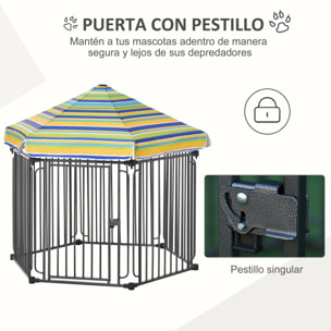 Parque para Perros 6 Vallas de Metal 61x76 cm Corrales Desmontables para Perros con Techo Hexagonal y Puerta con Cierre de Seguridad 122x105x119 cm Negro y Colorido