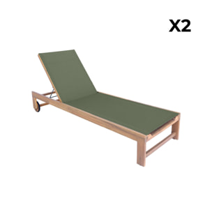 Lot de 2 bains de soleil en bois d'acacia et textilène kaki. multi positions avec roulettes