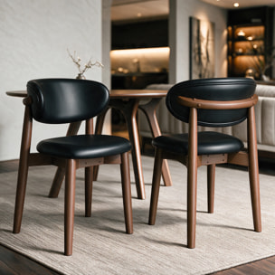 Lot de 2 chaises en cuir synthétique noir et bois d'hévéa foncé - Yuna