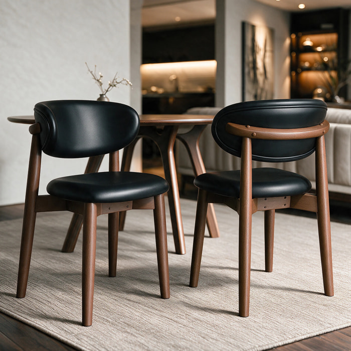 Lot de 2 chaises en cuir synthétique noir et bois d'hévéa foncé - Yuna