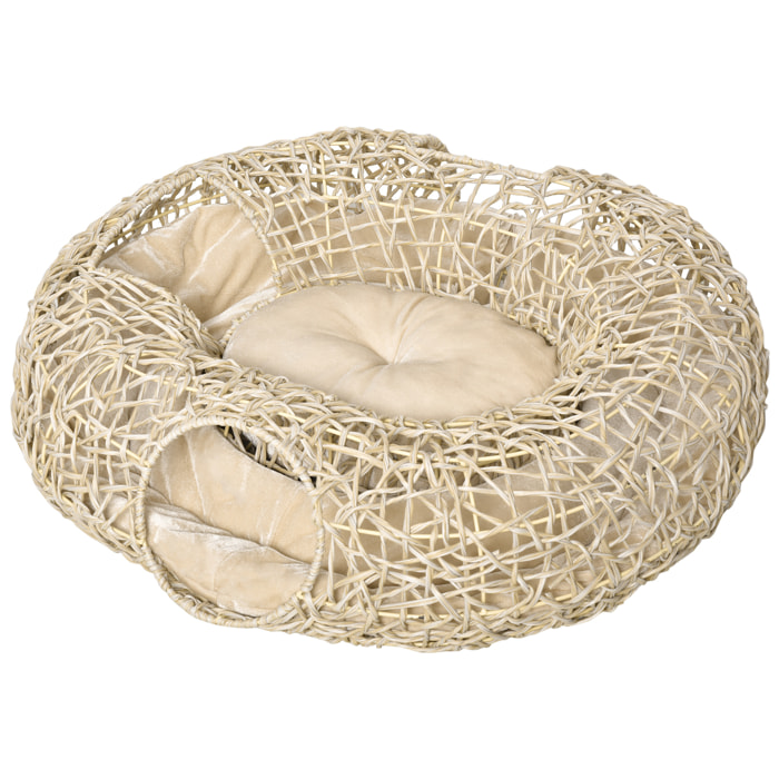 Cama para Gatos de Ratán 78x69x22 cm Cesta para Gatos Rolliza con Cojín Suave
