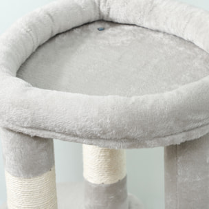 Arbre à chat design gris clair arrondi H.90cm niche 2 plateformes boule griffoirs