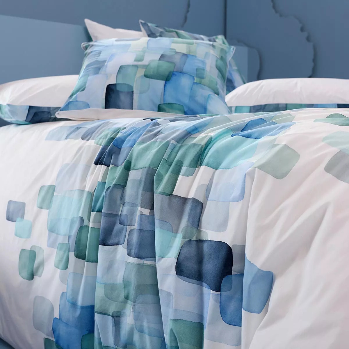 Lot h.couette +taies percale de coton 115 g/m² imprimé vert bleu Ondine mineral