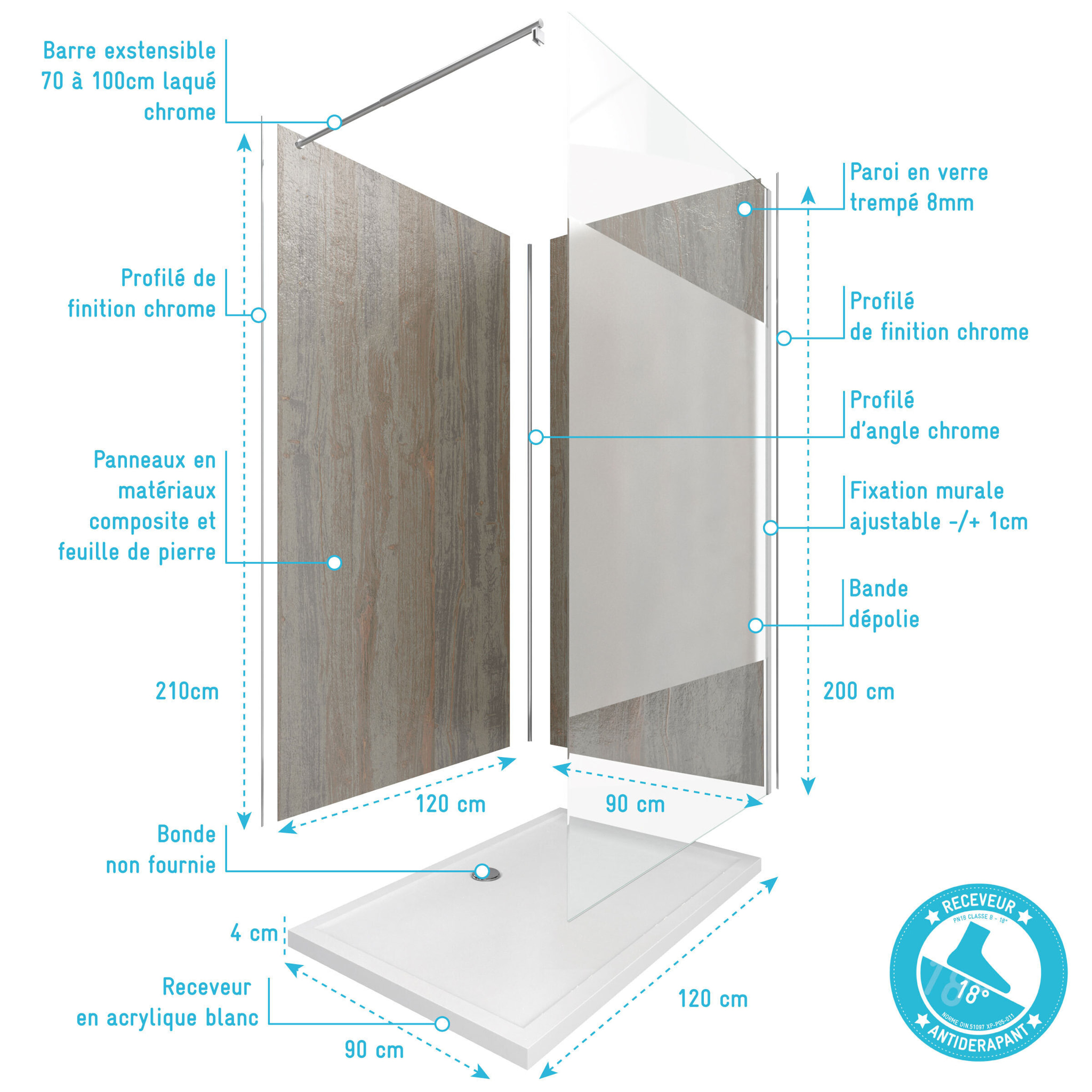 Pack panneaux muraux Wood Stone + paroi FREEDOM 2 DEPOLI + receveur WHITNESS