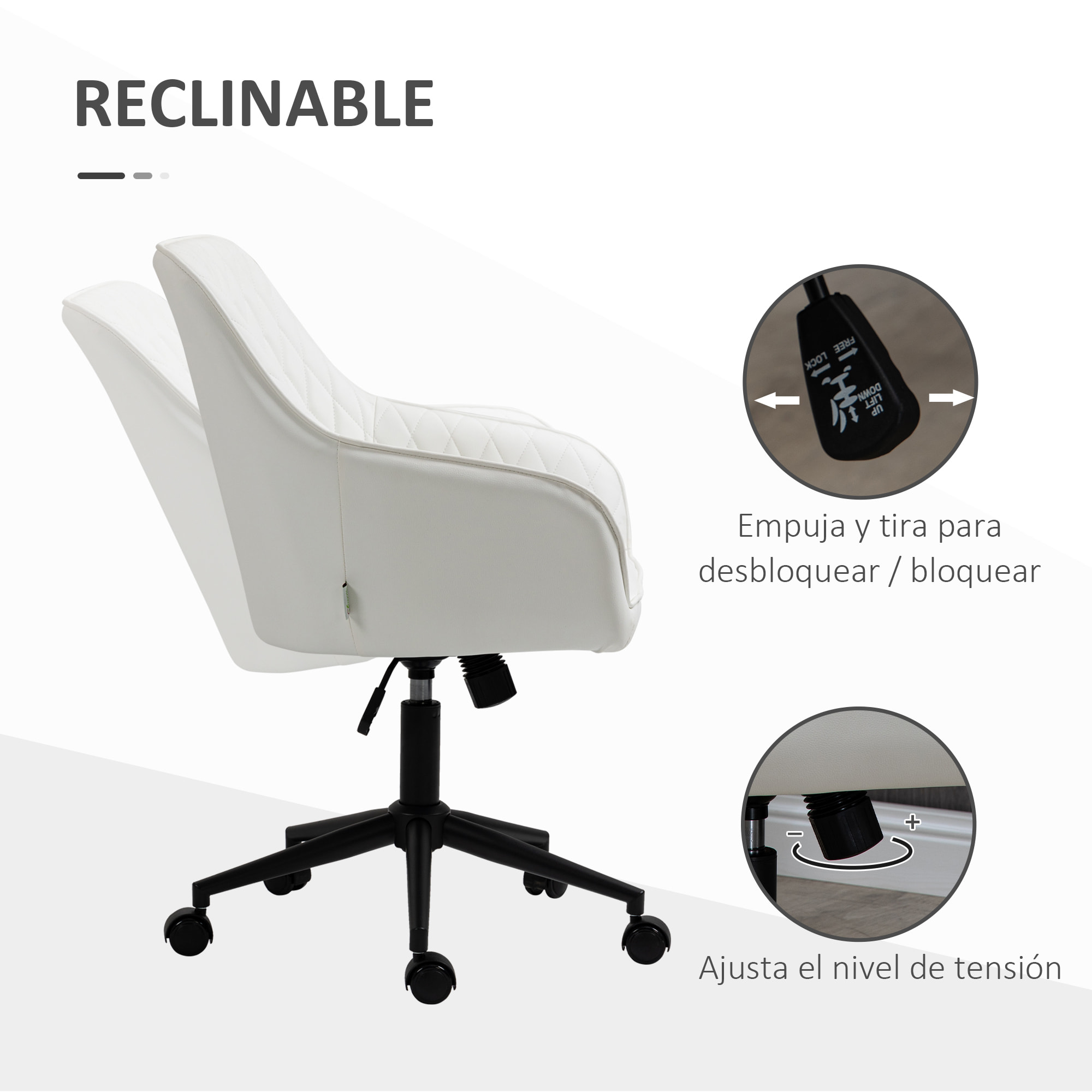 Silla de Oficina Ergonómica Silla de Escritorio Giratoria de Cuero PU con Altura Ajustable y Función de Inclinación para Salón Dormitorio Estudio 59x60x90-100 cm Blanco