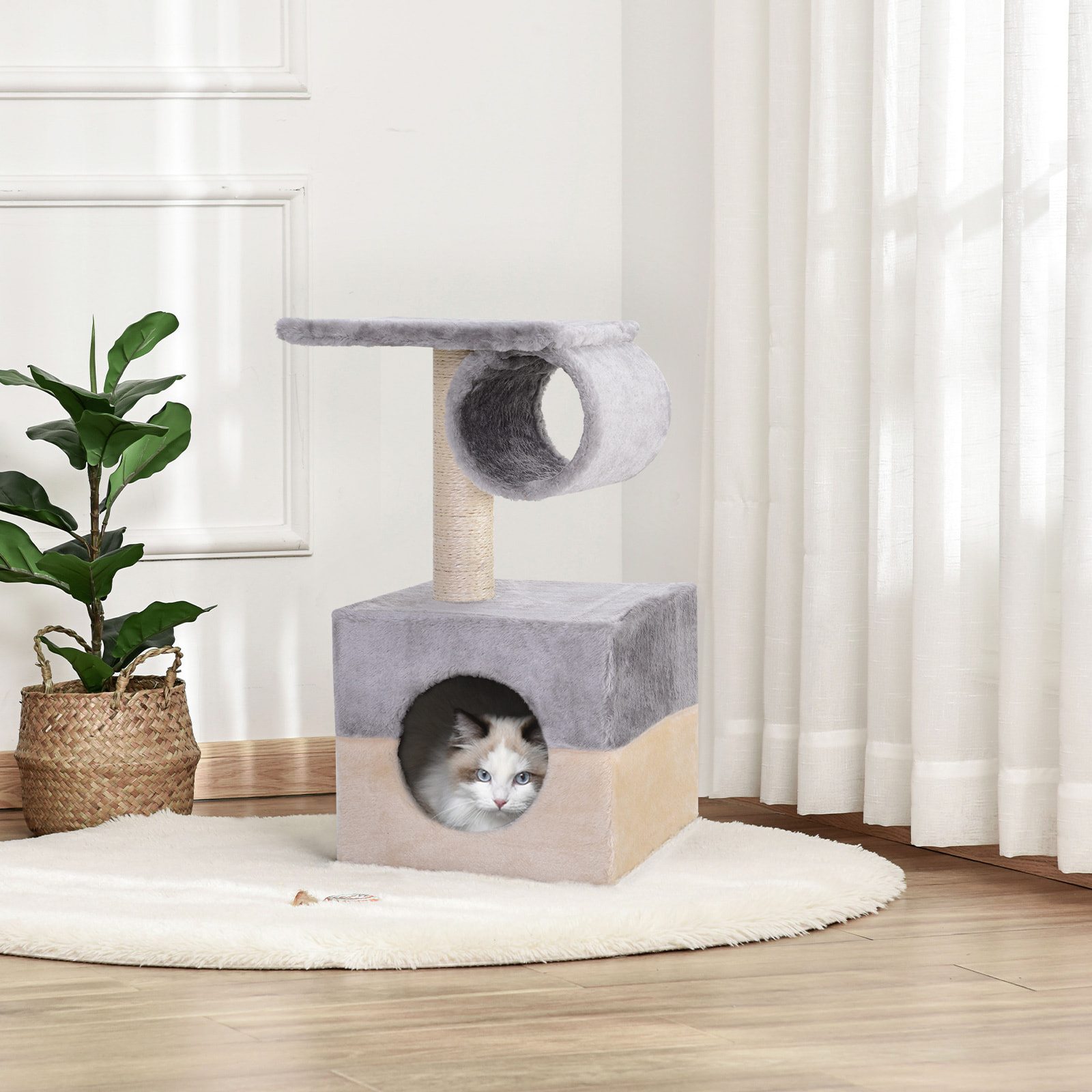 Rascador Árbol para Gatos de Felpa 31x31x58cm Gris y Crema