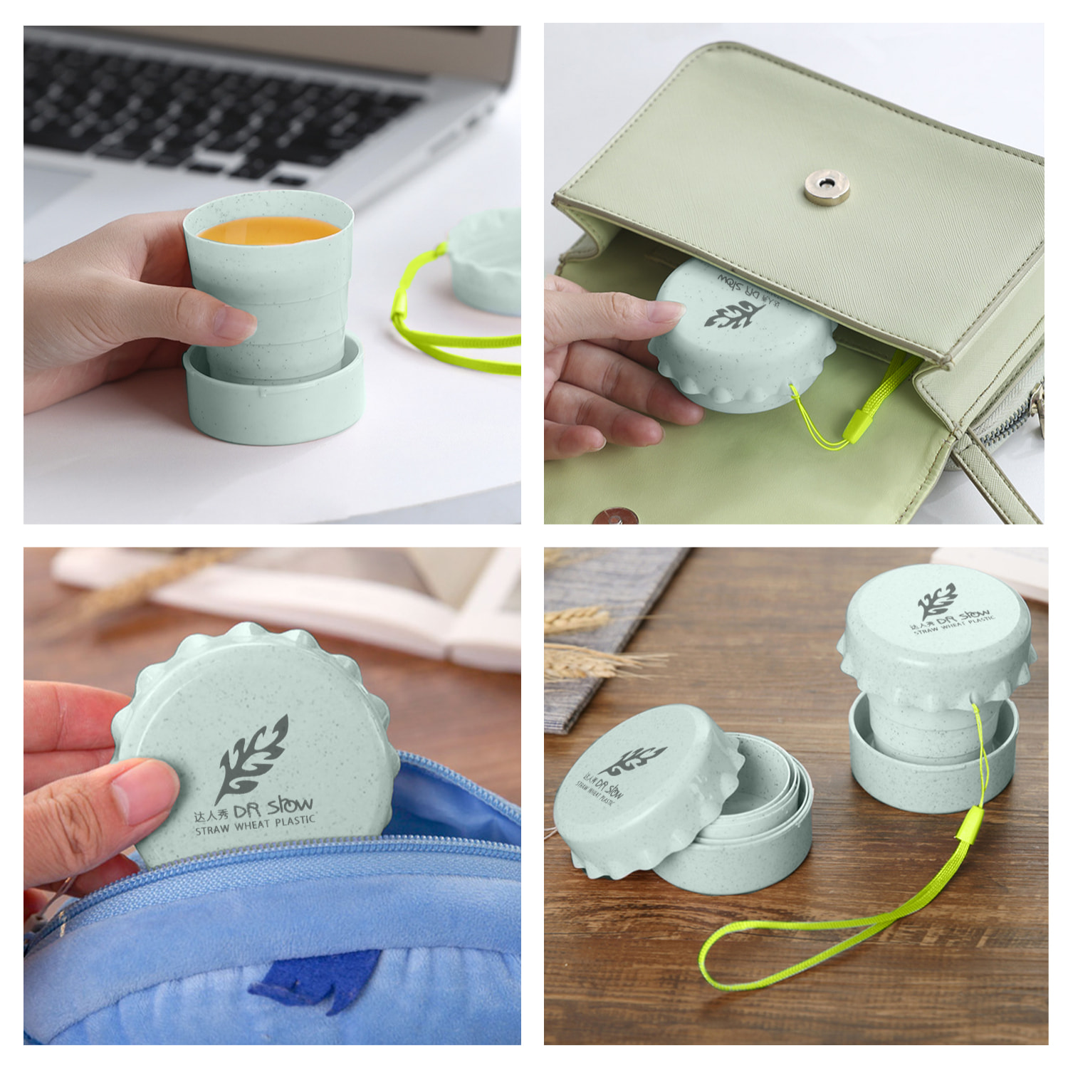 Tazza pieghevole in fibre naturali 130ml. Realizzato in canna da grano, con lanyard per appendere.