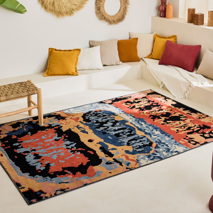 GARDEN - Tapis d'intérieur / extérieur à motif abstrait noir, bleu, beige, rouge