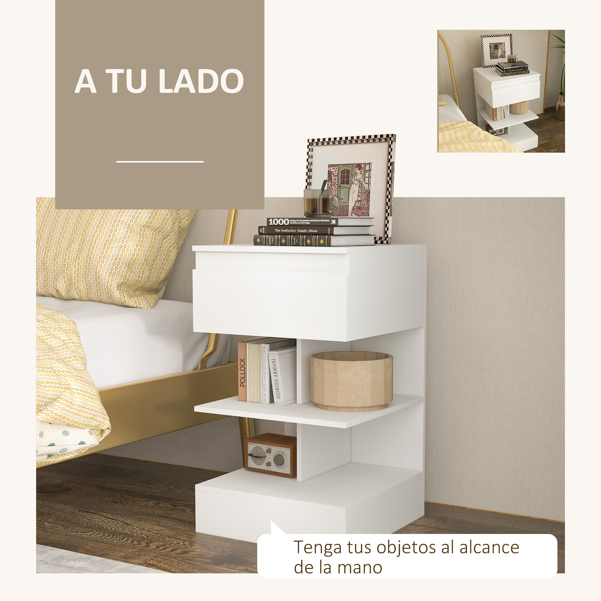 Mesita de Noche Mesa Auxiliar con Cajón y 2 Estantes Abiertas para Dormitorio Salón Cama Oficina Estilo Moderno 39x39x65 cm Blanco