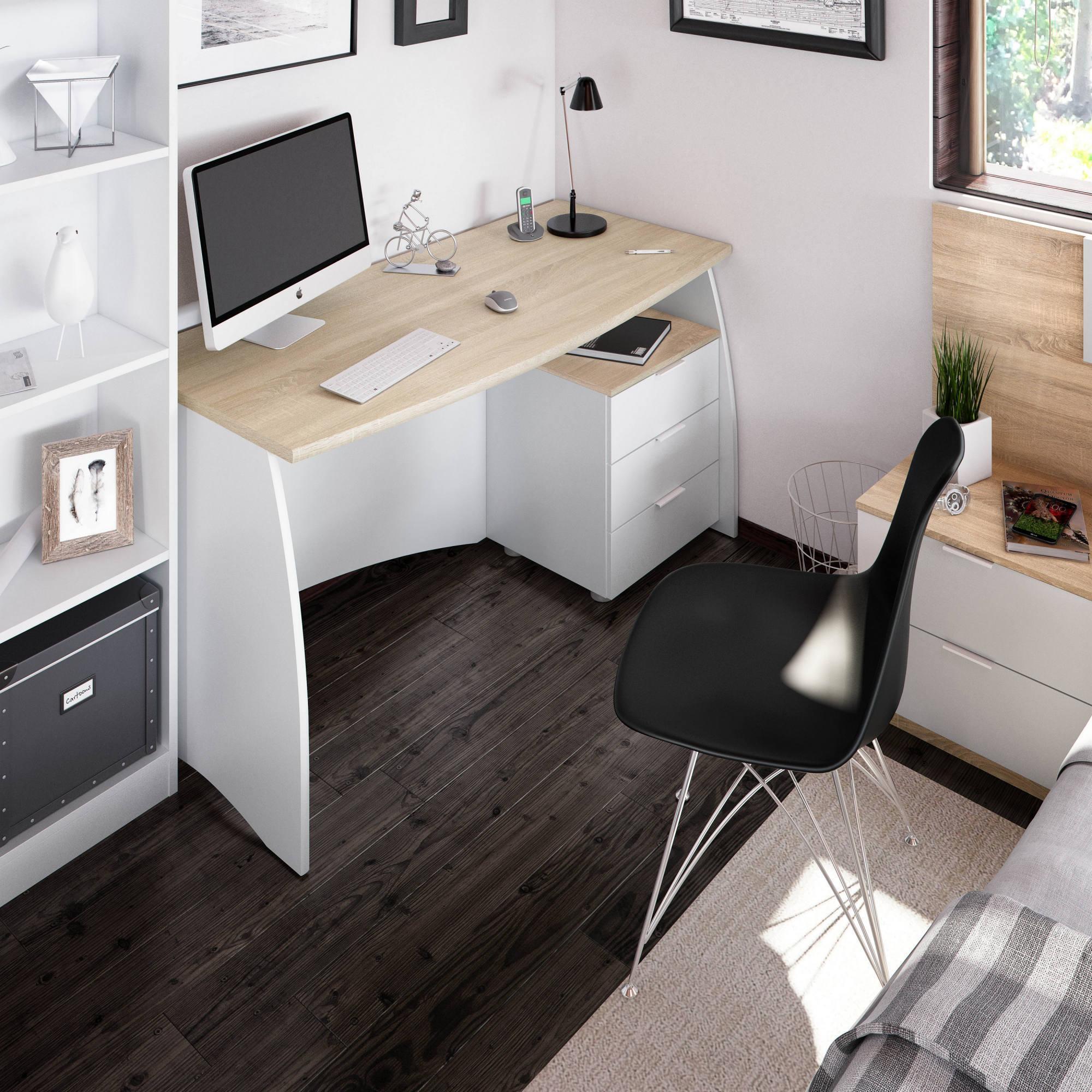 Scrivania Carrollton, Scrittoio da ufficio, Tavolo da studio porta PC con 3 cassetti, cm 136x67h74, Bianco e Rovere