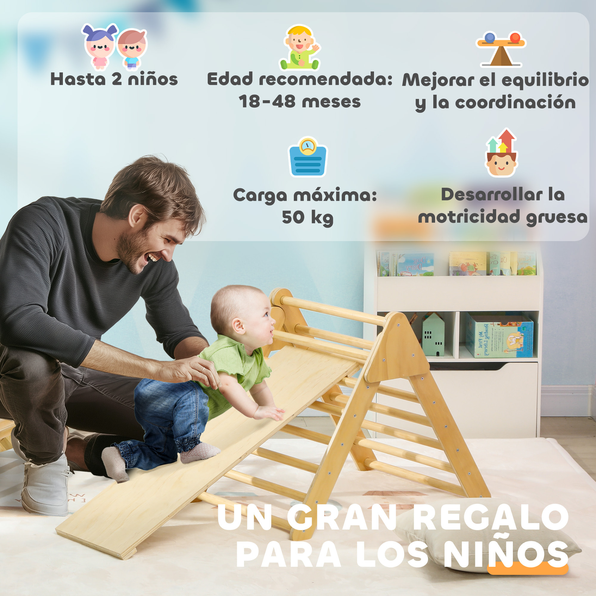 Triángulo de Escalada de Madera Escalada para Niños de 18-48 Meses con Rampa Escalador de Arco para Deslizarse o Escalar 219x72,5x68,5 cm Multicolor