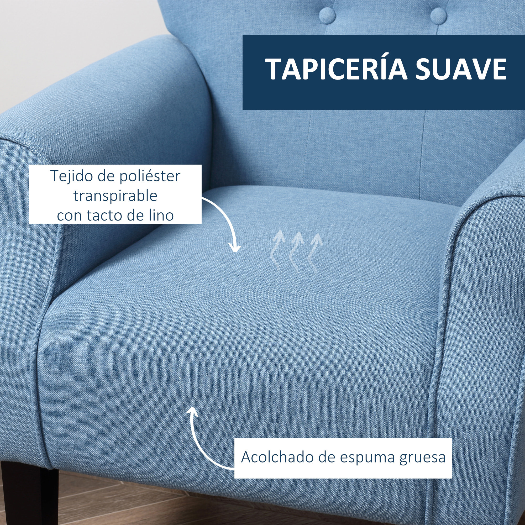 HOMCOM Butaca de Salón Tapizada en Tela Sillón Relax con Reposabrazos Asiento Acolchado y Patas de Madera Estilo Moderno para Dormitorio 78x74x97 cm Azul