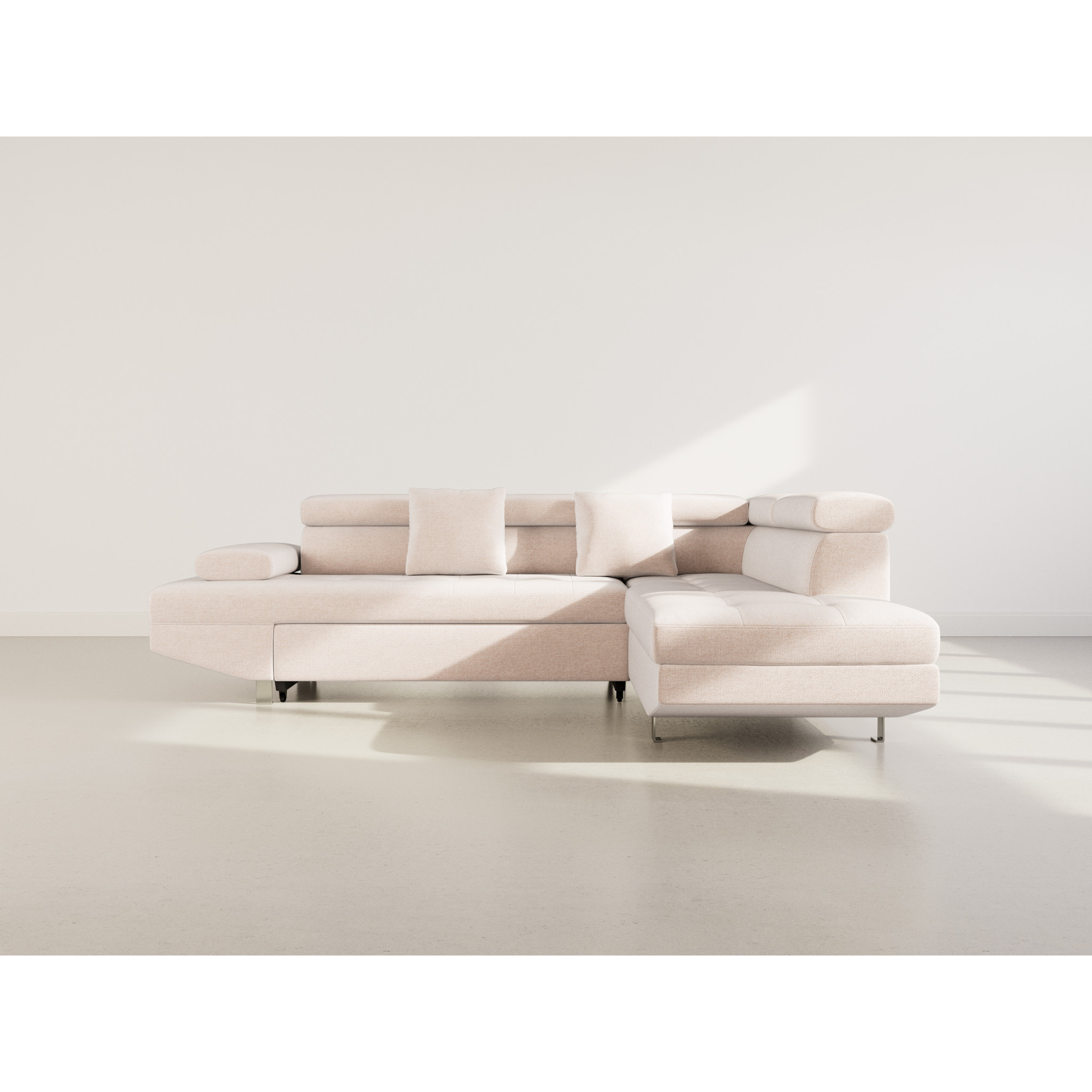 Margaux - Canapé d'angle droit 5 places convertible avec coffre et têtières réglables en velours texturé - Beige