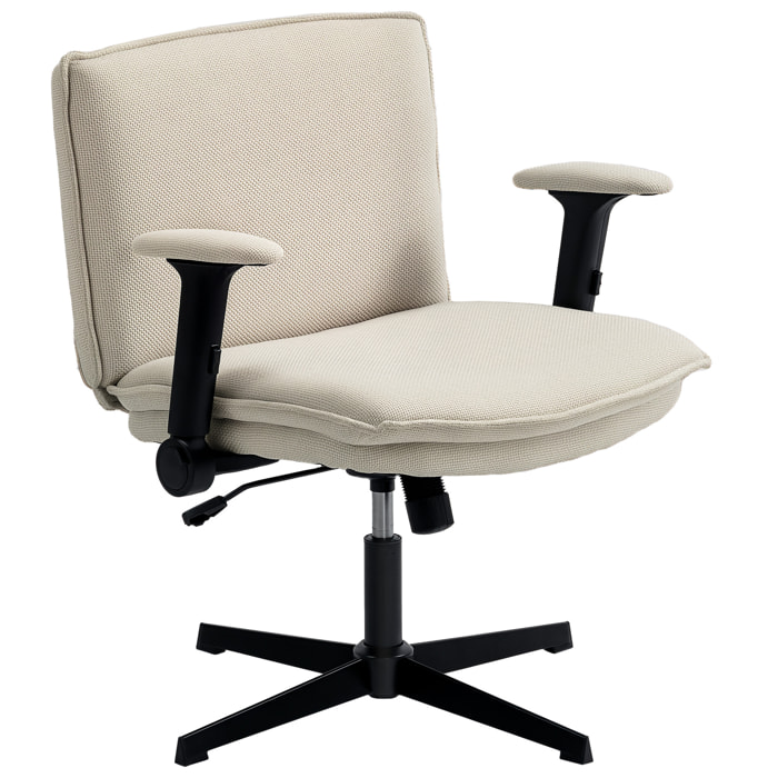 Silla de Oficina Piernas Cruzadas, Silla de Escritorio con Reposabrazos Abatible, Asiento Ancho, sin Ruedas, Altura Ajustable, Giratoria, Función Basculante, Tapizada en Lino, Crema