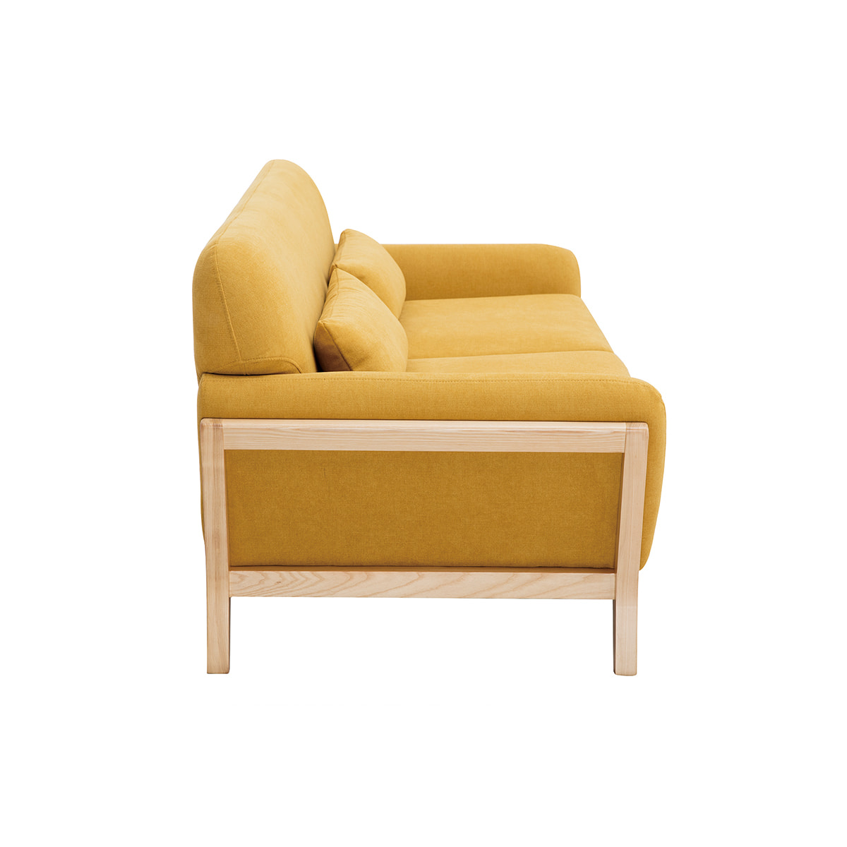 Canapé scandinave 3 places en tissu effet velours jaune moutarde et bois clair YOKO