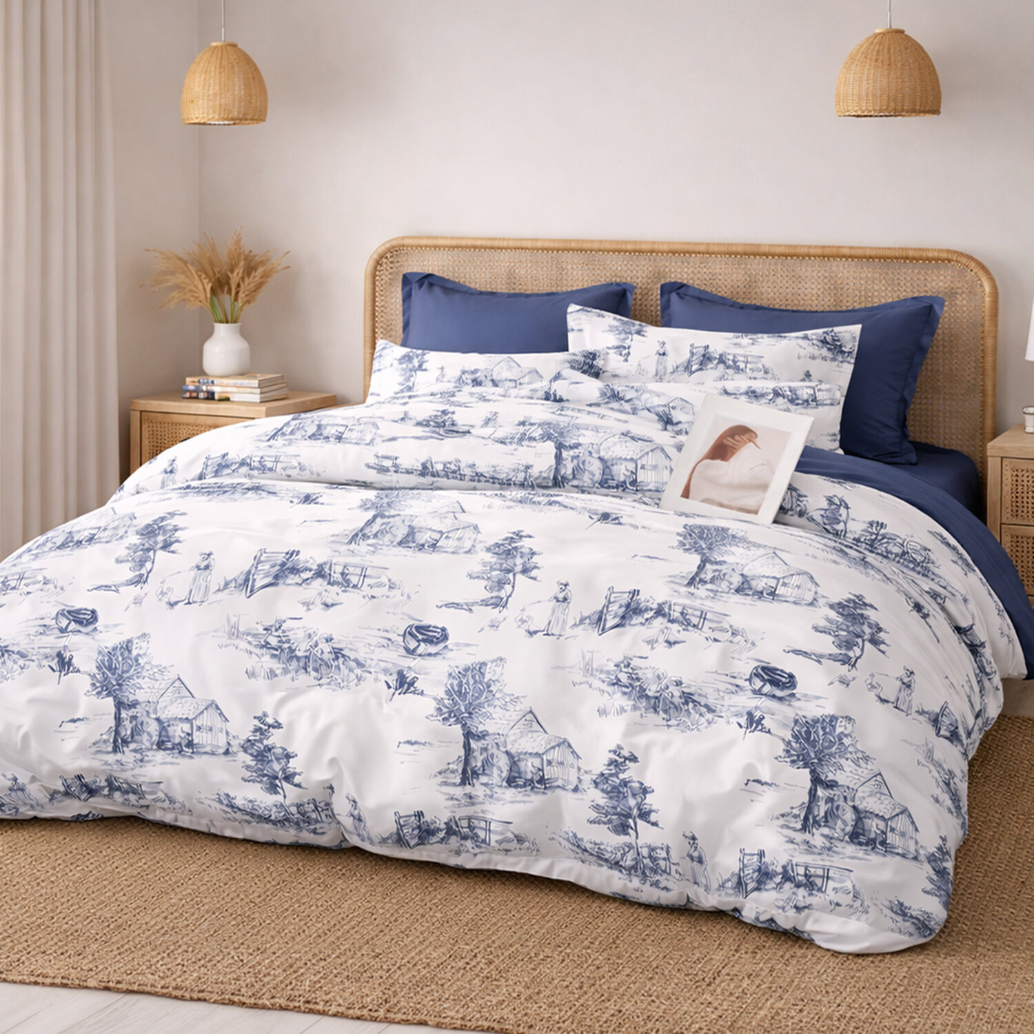 Parure housse de couette 240x220 cm 100% percale de coton - Elyne imprimé toile de jouy vert