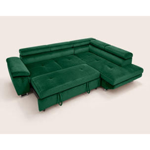 Dimas - canapé d'angle droit 5 places - convertible avec coffre et têtières réglables - en velours - Vert