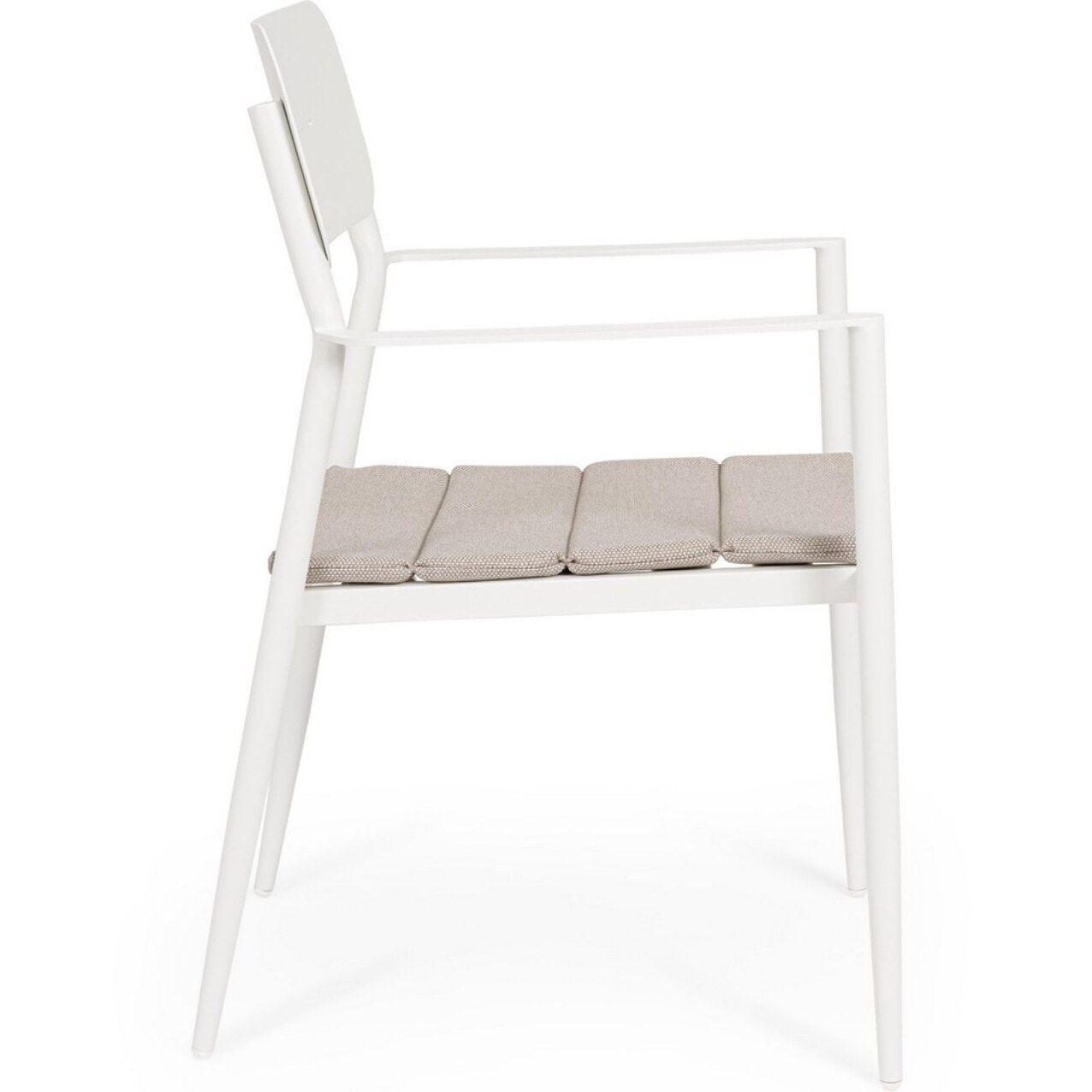 Set di 4 sedie NEBULA in alluminio bianco con cuscino tortora impermeabile, con braccioli