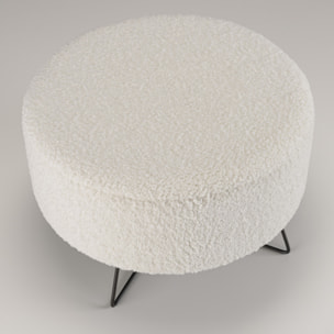 ALBANE - Pouf rond tissu bouclette blanc pieds croisés métal noir