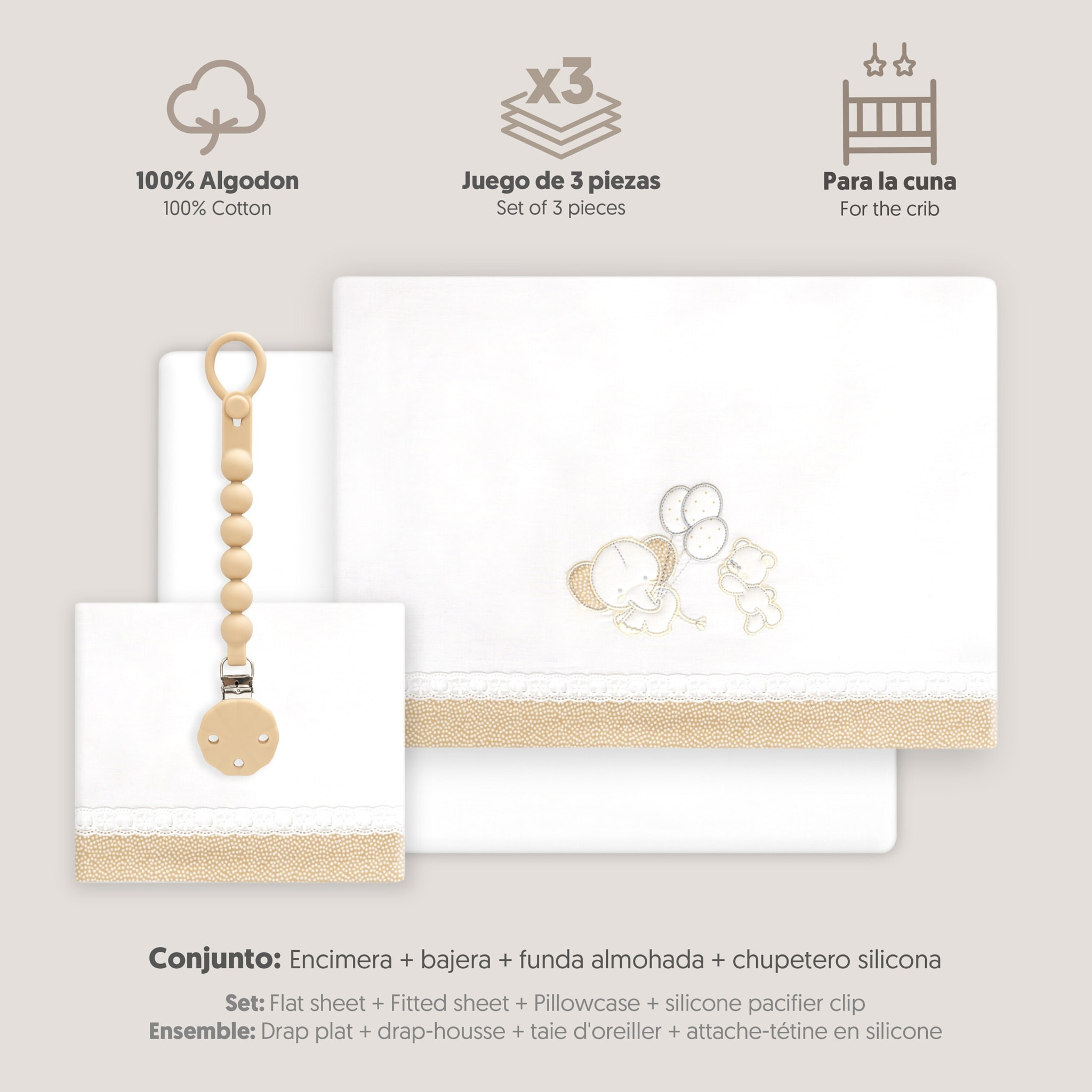 Triptico Cuna Pasacinta Oso Elefante Globos +Broche Bco/Beig
