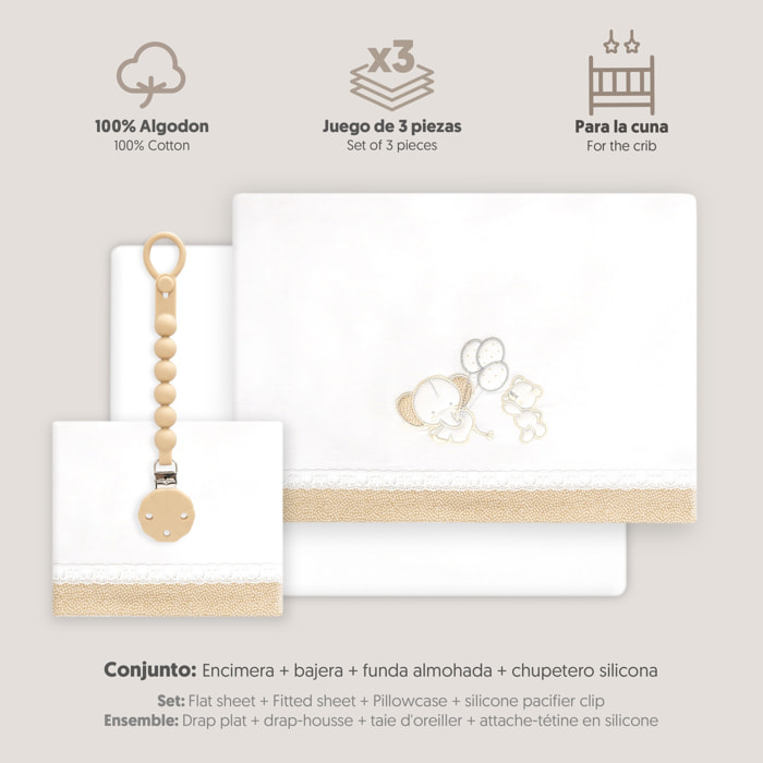 Triptico Cuna Pasacinta Oso Elefante Globos +Broche Bco/Beig