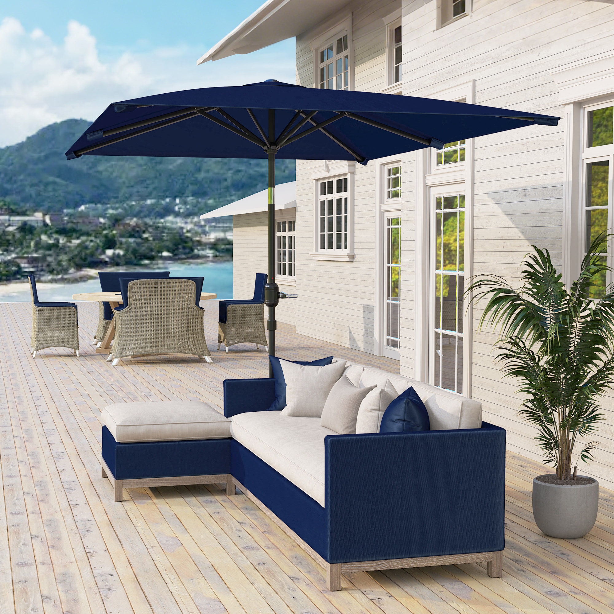 Sombrilla de Terraza Exterior, 198x294 cm, Parasol de Terraza Exterior con Ángulo Ajustable, Manivela, Mástil de Aluminio Desmontable y Anti-UV, Sombrilla para Jardín, Patio, Azul Marino