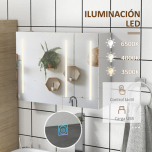 Armario con Espejo de Baño con Luz LED Mueble de Pared Colgante con 3 Puertas Estantes Ajustables Interruptor Táctil y USB 90x15x70 cm Blanco Brillante