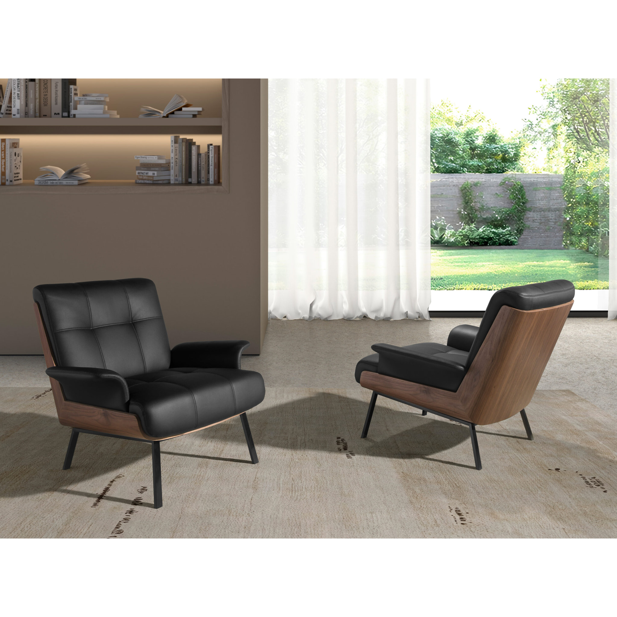 Sillón Angel Cerdá con reposabrazos con asiento y respaldo tapizados en polipiel negro detalle en madera chapada en nogal natural patas de acero inoxidable en negro 90x87x82cm