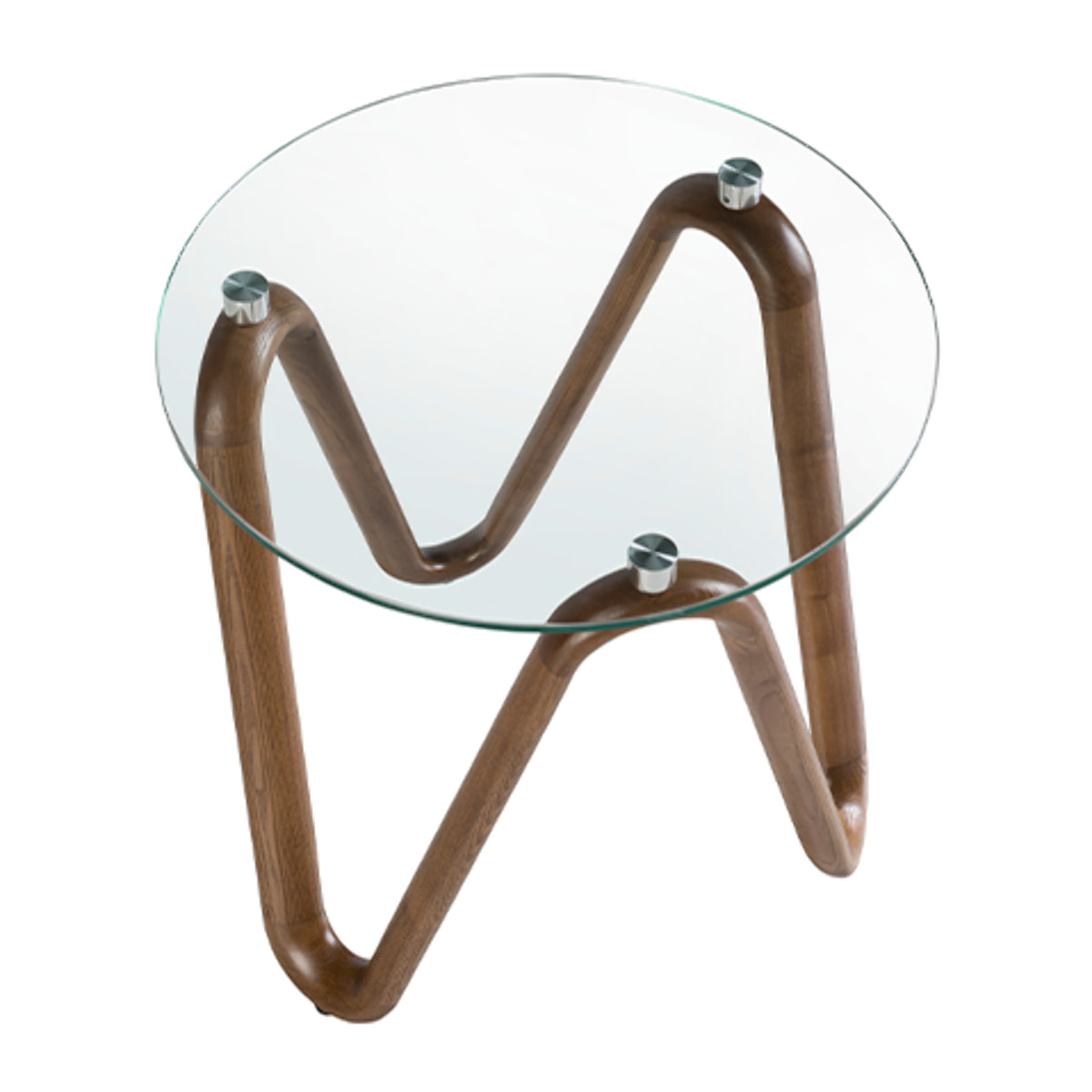 Mesa rincón redonda con tapa de cristal templado y patas de madera en nogal 115x115x38cm