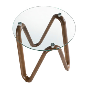 Mesa rincón redonda con tapa de cristal templado y patas de madera en nogal 115x115x38cm