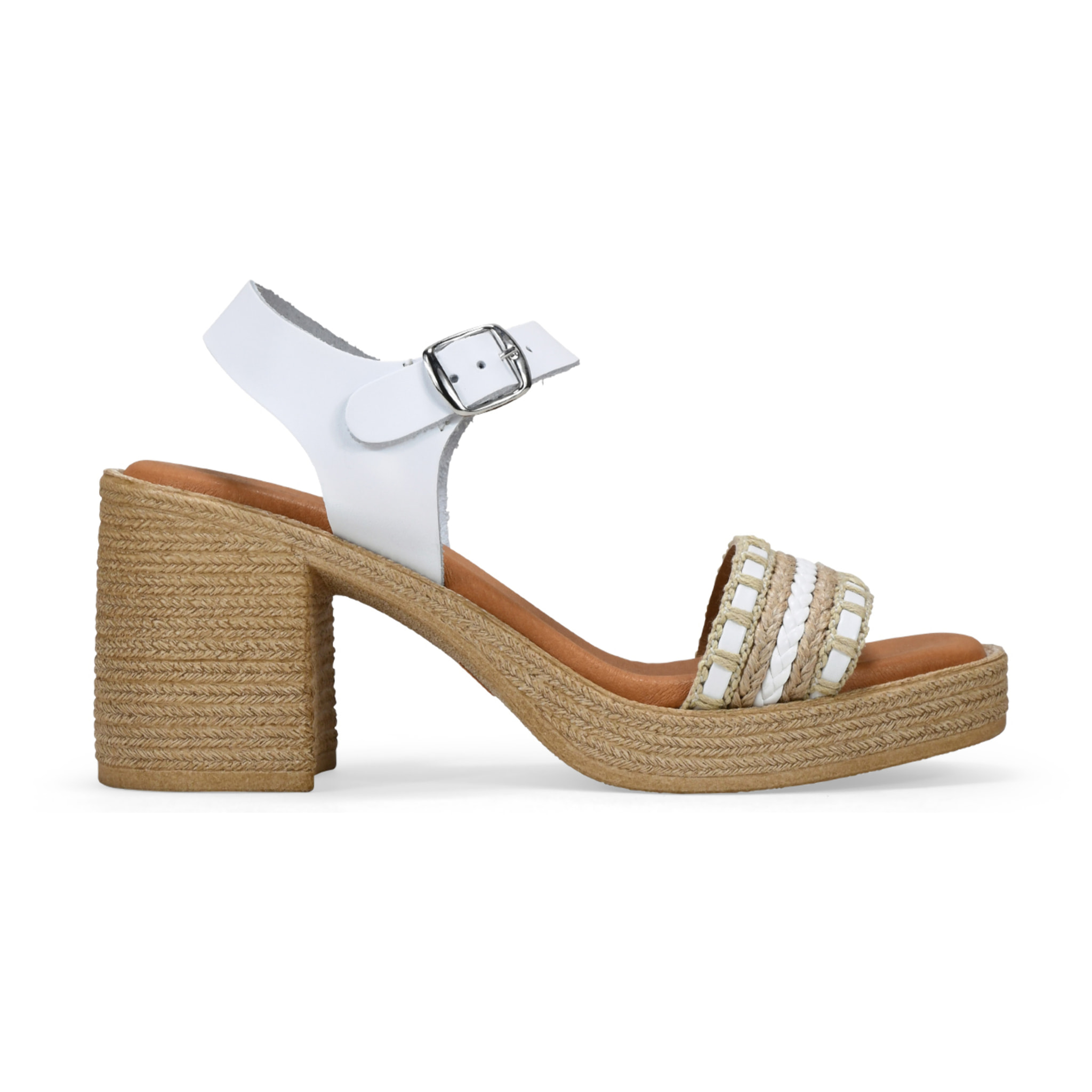 Sandalias de piel blancas con tacón efecto esparto