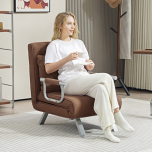 Sofá Cama de 1 Plaza 2 en 1, Sillón Cama Plegable Tapizado en Ante Sintético, con Respaldo Ajustable en 5 Niveles y Almohada Acolchada, para Oficina, Dormitorio, Salón, 65x69x80 cm, Marrón