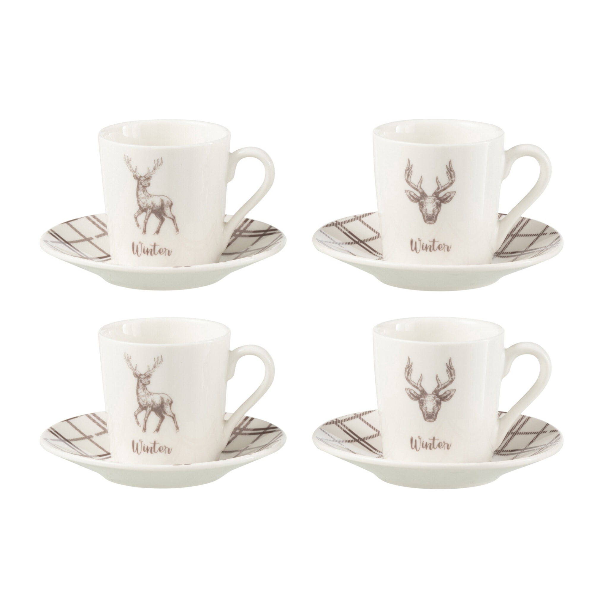 J-Line tasse à café + sous-tasse Renne - céramique - blanc/marron - small - boite cadeau de 4