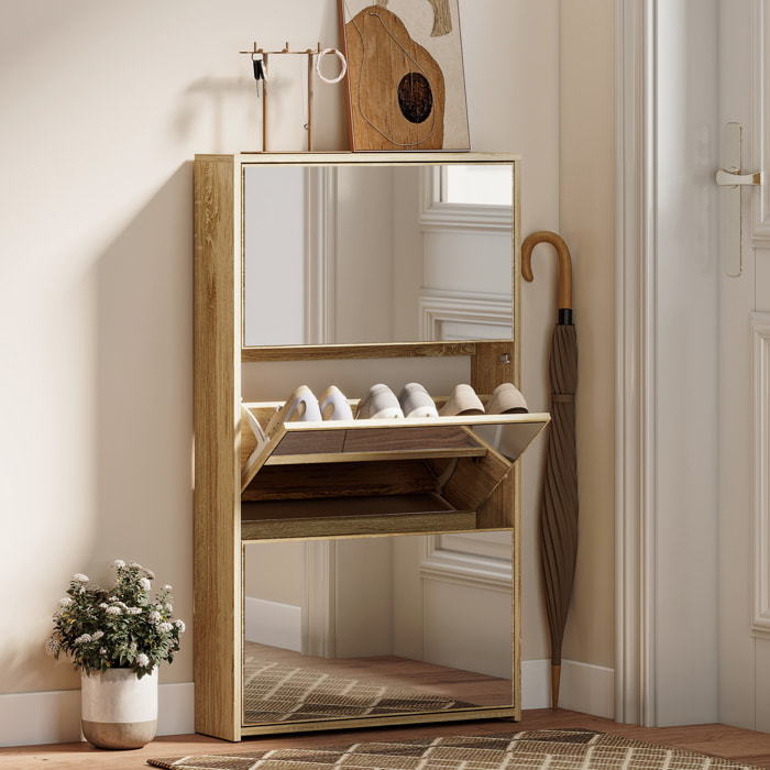 Zapatero Estrecho 3 Puertas con Espejo, Zapatero Entrada Recibidor, para 9 Pares de Zapatos, para Pasillo, Espacios Reducidos, 65x17x114,5 cm, Natural