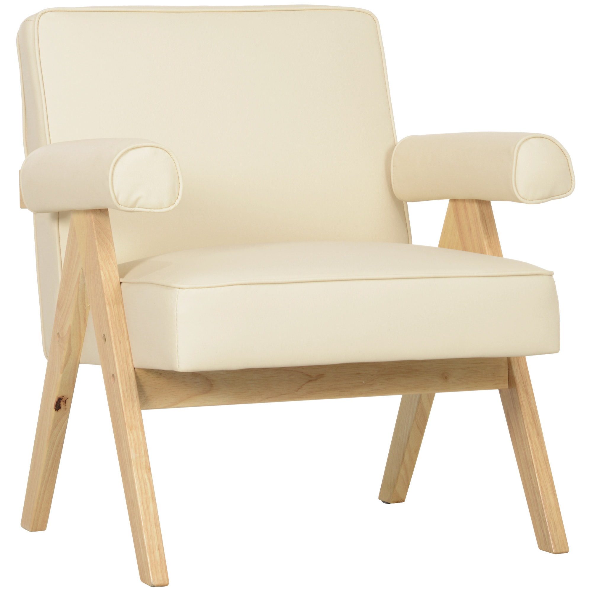 Butaca de Salón Butaca Nórdica Sillón de Salón Tapizado en PU con Reposabrazos y Marco de Madera de Caucho para Dormitorio Carga 120 kg Crema