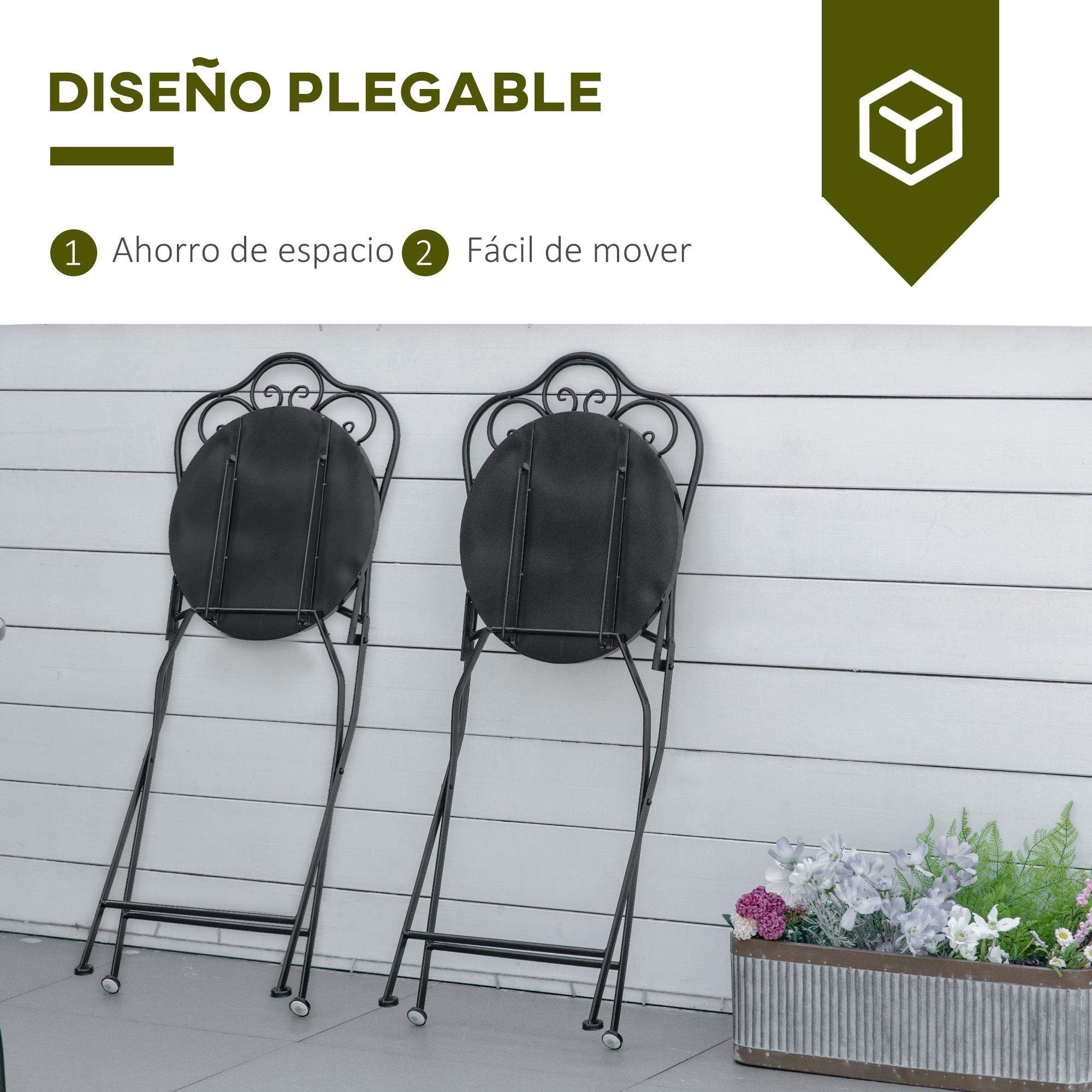 Juego de 2 Sillas de Jardín Plegables con Asiento de Mosaico Cerámico y Marco de Metal para Balcón Terraza Patio Carga 120 kg 40x50x92 cm Negro