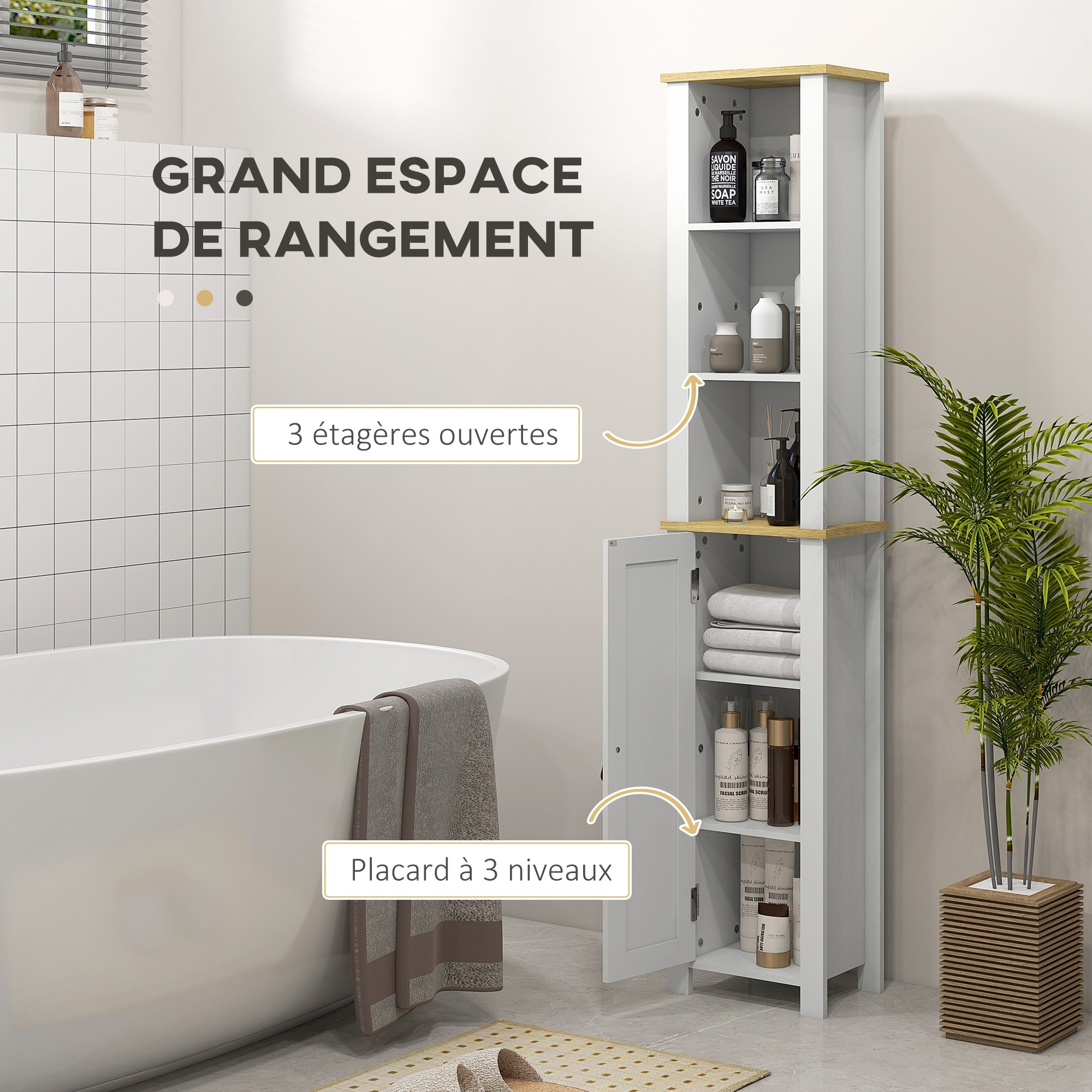 Meuble colonne rangement de salle de bain sur pied porte 2 étagères 3 niches aspect bois clair blanc