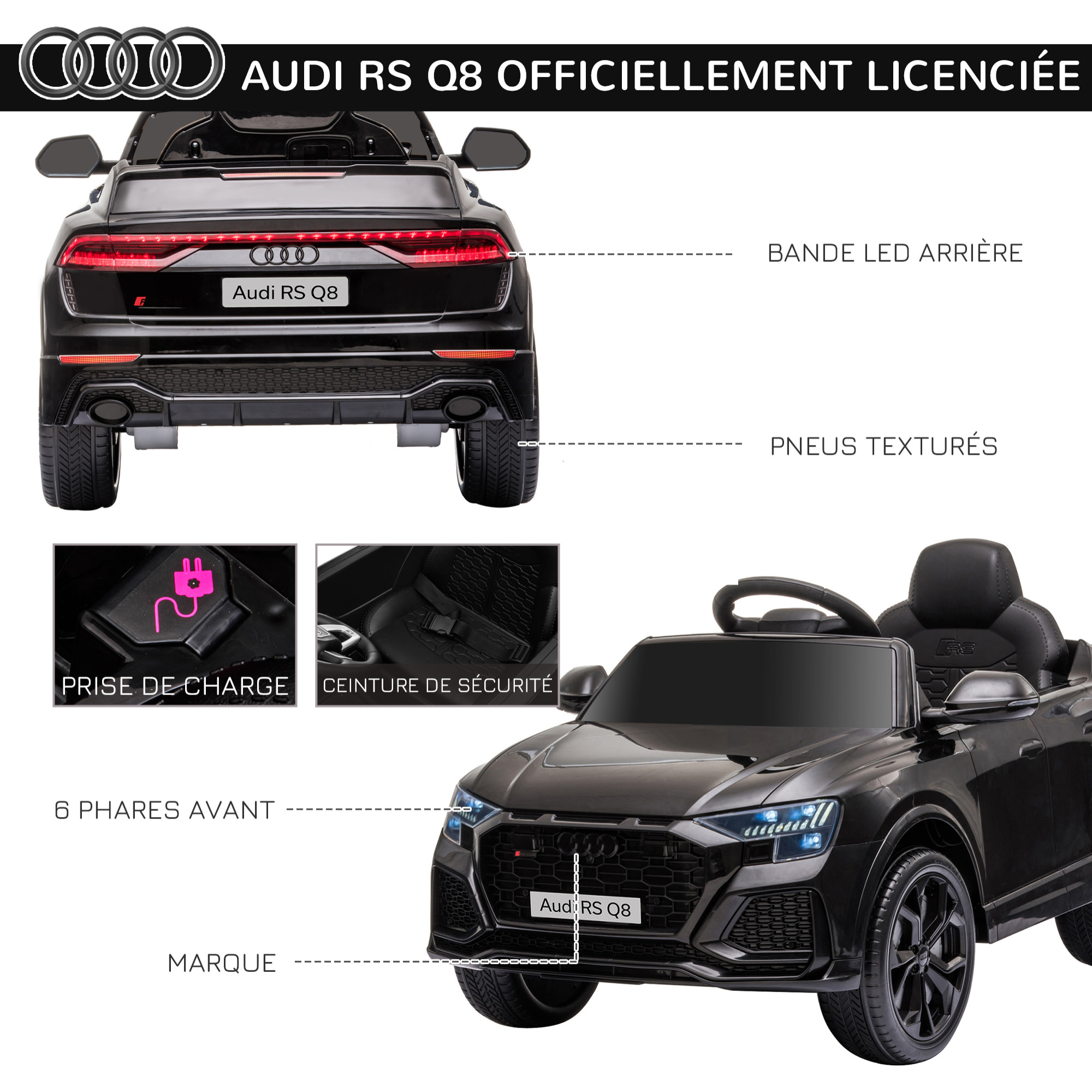 Voiture électrique enfant licence officielle Audi RS Q8 - 2 moteurs - télécommande - effets sonores, lumineux - noir