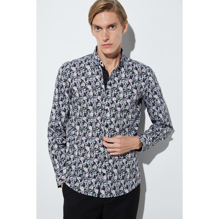 Camicia Uomo 1 Bottoni Button Down Slim Popeline Stampato Nero/Bianco