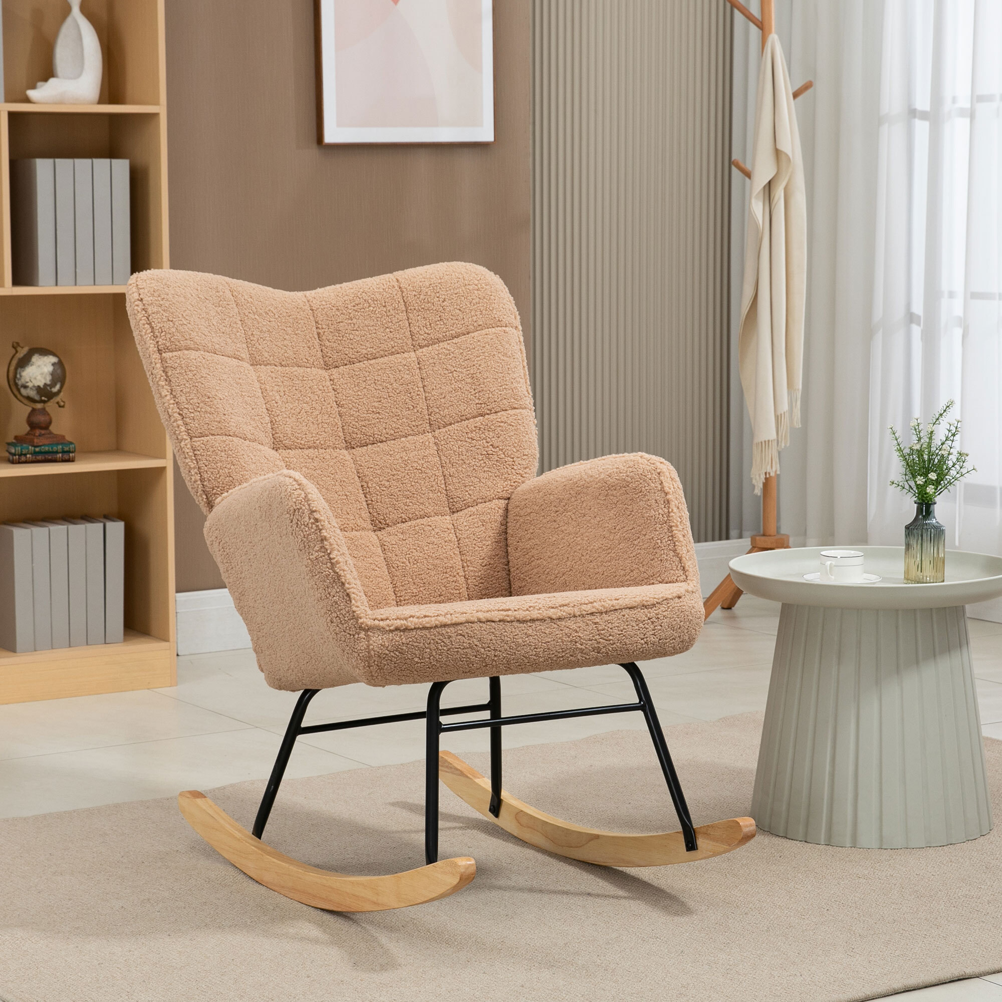Fauteuil à bascule rocking chair revêtement effet laine bouclée, structure en acier 71 x 98 x 101 cm marron