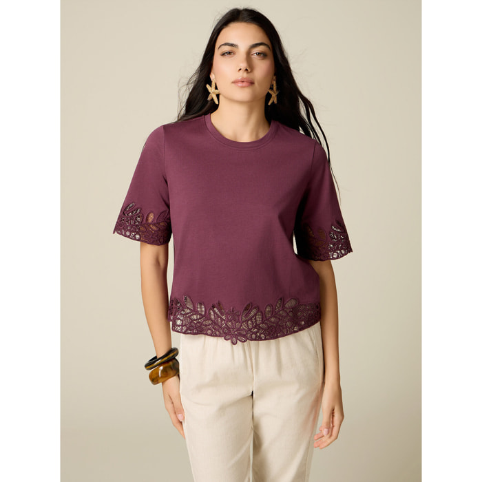 Oltre - T-shirt in cotone con dettagli in macramé - Viola