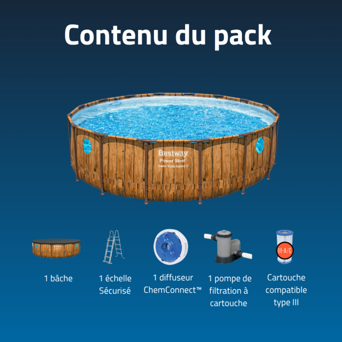 Bestway Piscine hors sol tubulaire ronde Bestway Power Steel Swim Vista 488 x 122 cm décor bois