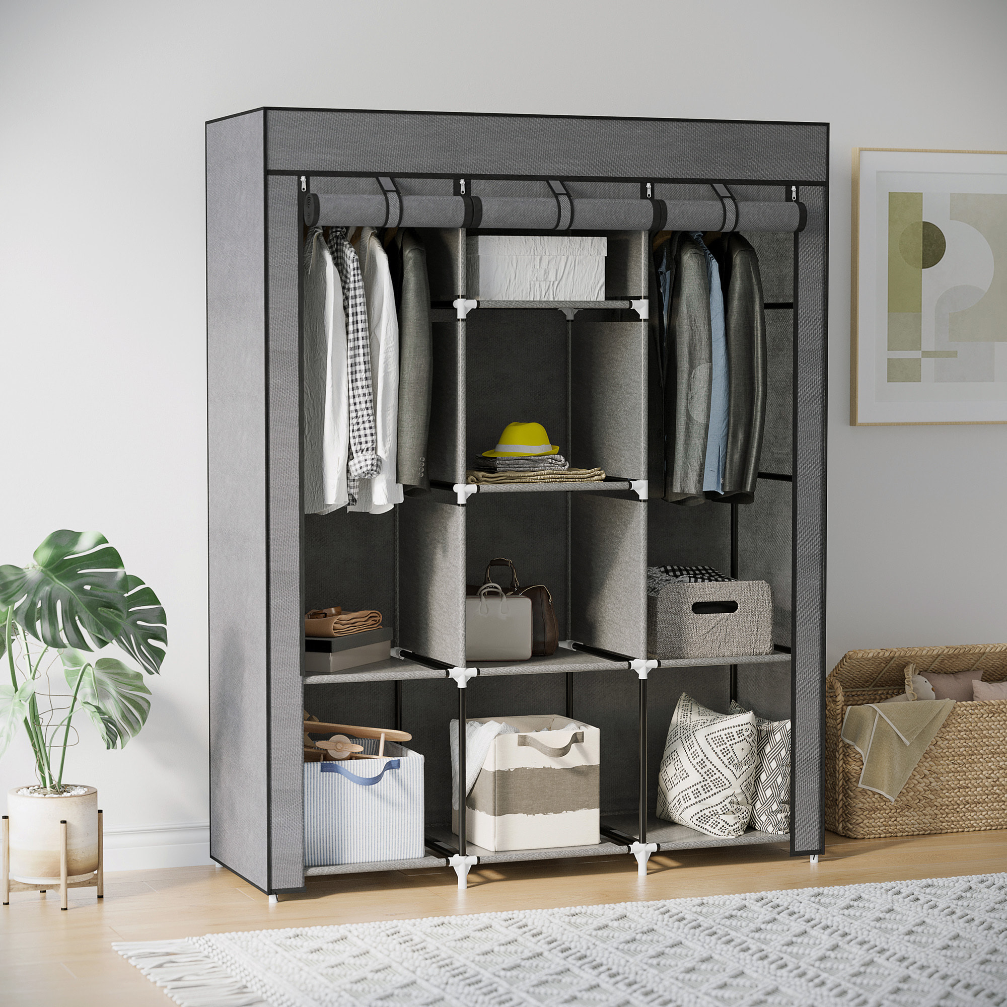 Armoire penderie multi-rangement - 8 étagères, 2 barres - dim. 125L x 43l x 162,5H cm - acier noir non tissé gris