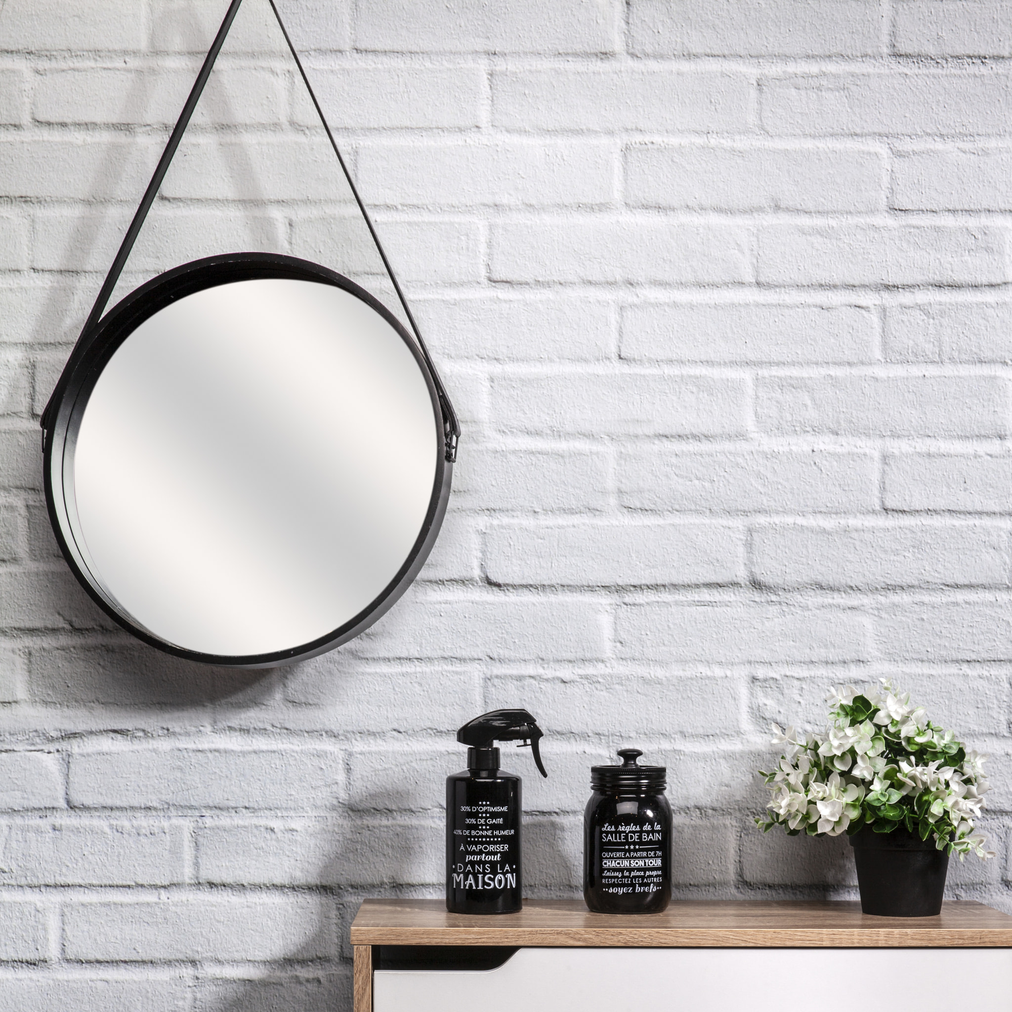 Miroir Rond Avec Anse Pu Noir 40cm