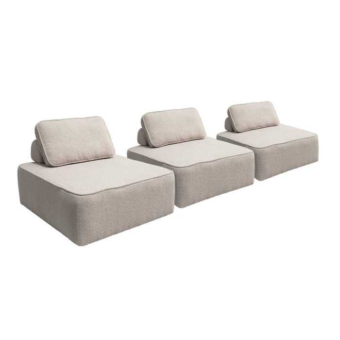 Lot de 3 chauffeuses pour canapé modulable tissu bouclette beige 1 place Bao. L 90 x P 90 x H 74cm